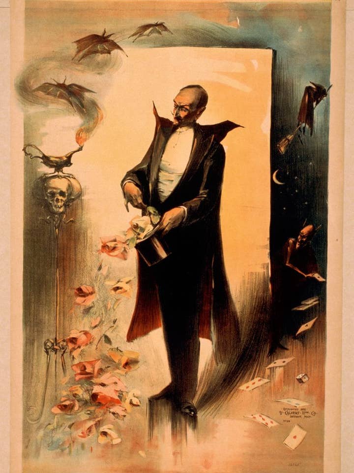 Magicien tirant des roses d'un chapeau haut de forme entouré d'êtres surnaturels pour la vente par Flashback Shop