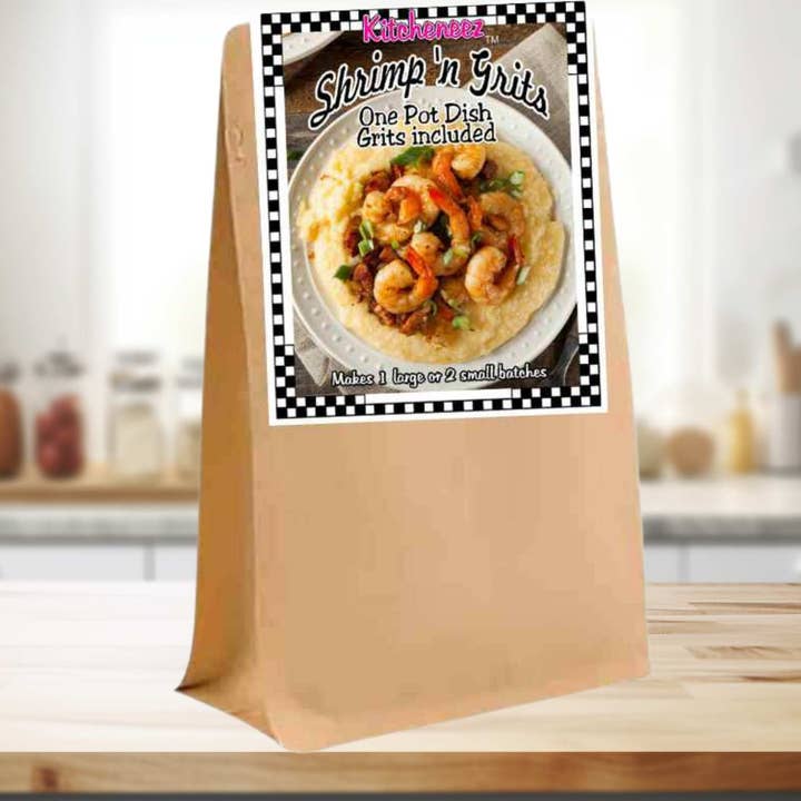 Shrimp and Grits One Pot Meal Kit with Seasoning and Grits for wholesale by Kitcheneez Mixes & More!