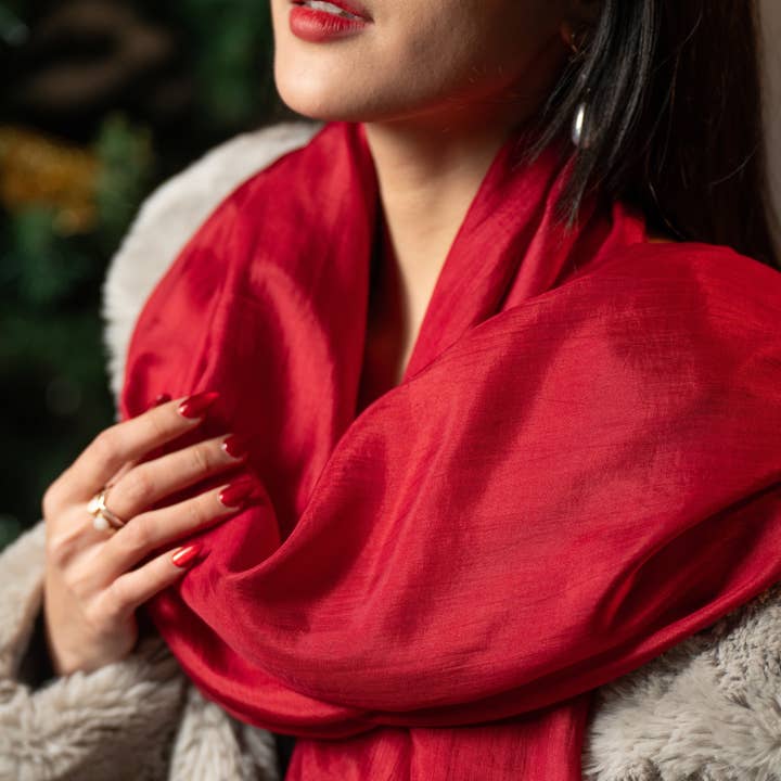 Luxury Hand-Dyed Mulberry Silk Scarf – Deep Red Shawl Wrap - 100% Silk, Elegant Evening & Gift for wholesale by Silk and Bears