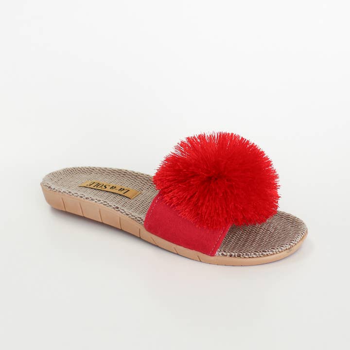 La-a SOLE - Vente Claquettes – femme - Slides Pom Pom – Rouge | Sandales d'été à enfiler pour femmes