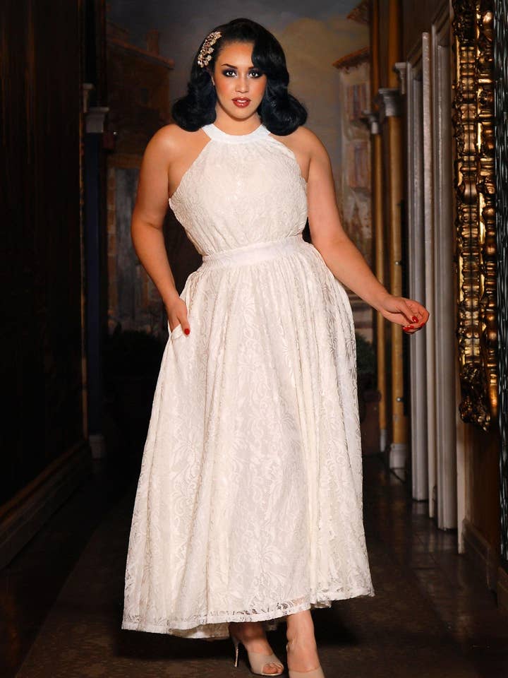 Maybelle Maxi Dress in Ivory with Lace Overlay | Laura Byrnes for wholesale by Pinup Couture