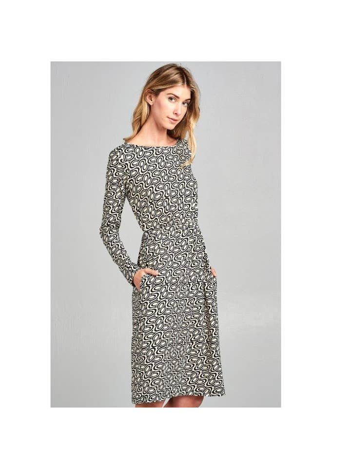 LKLUV - Wholesale Dress - Women's - Made in USA - Printed Long Sleeve Modern Cinched Midi Dress2