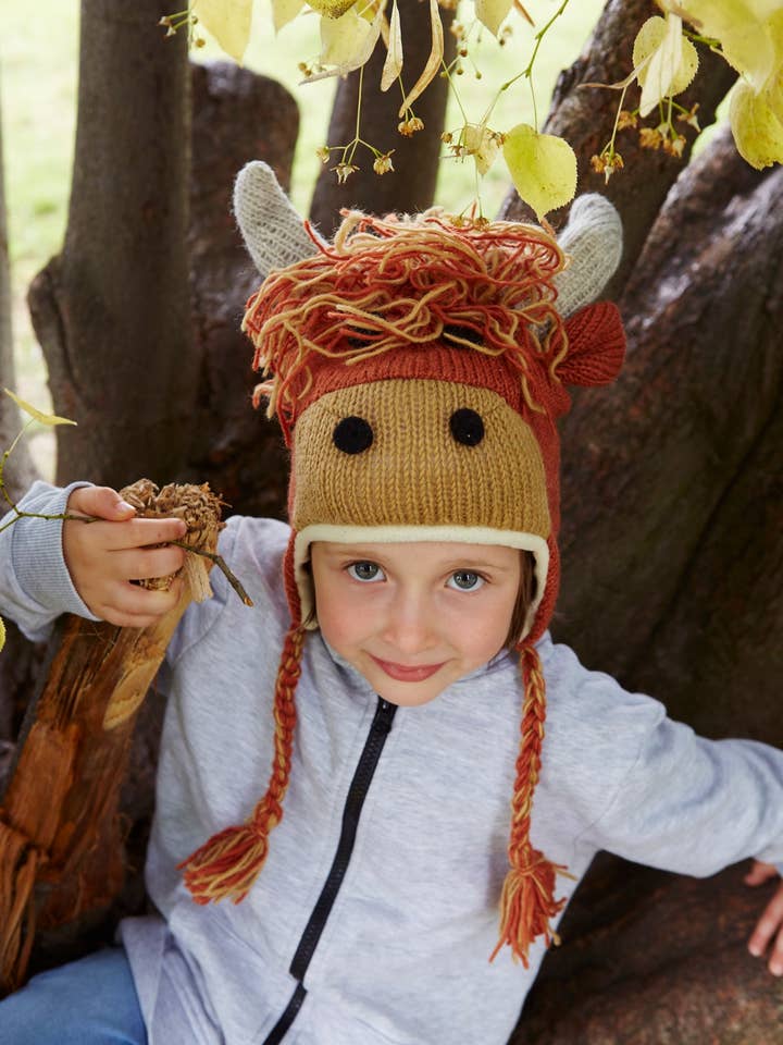 Kids Highland Cow Knitted Wool Ear Flap Hat for wholesale by Pachamama Ltd