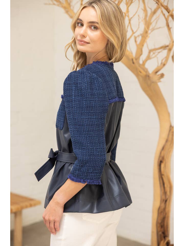Navy 35949 Belted Solid Tweed and Faux Leather Jacket for wholesale on Faire4