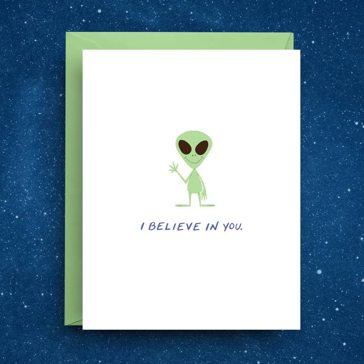 Aanmoedigingskaart - Ik Geloof In Jou Alien UFO voor wholesale door Nicole Marie Paperie