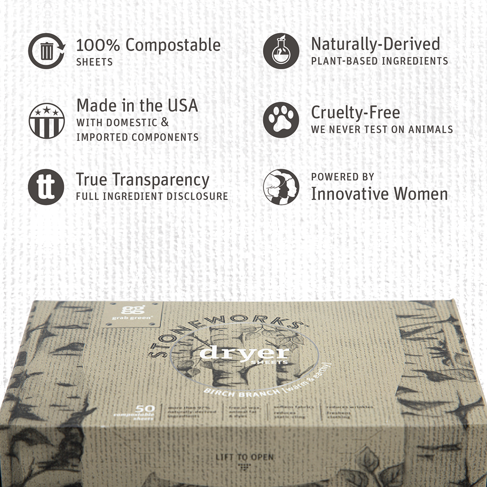 Grab Green - Wholesale Dryer Balls - Stoneworks Compostable Dryer Sheets, Birch Branch, 80 sheets2
