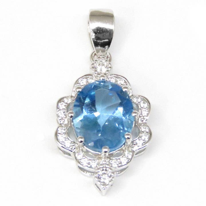 Victorian-Style Blue Topaz Halo Sterling Silver Pendant for wholesale by Twan Kee Jewelry