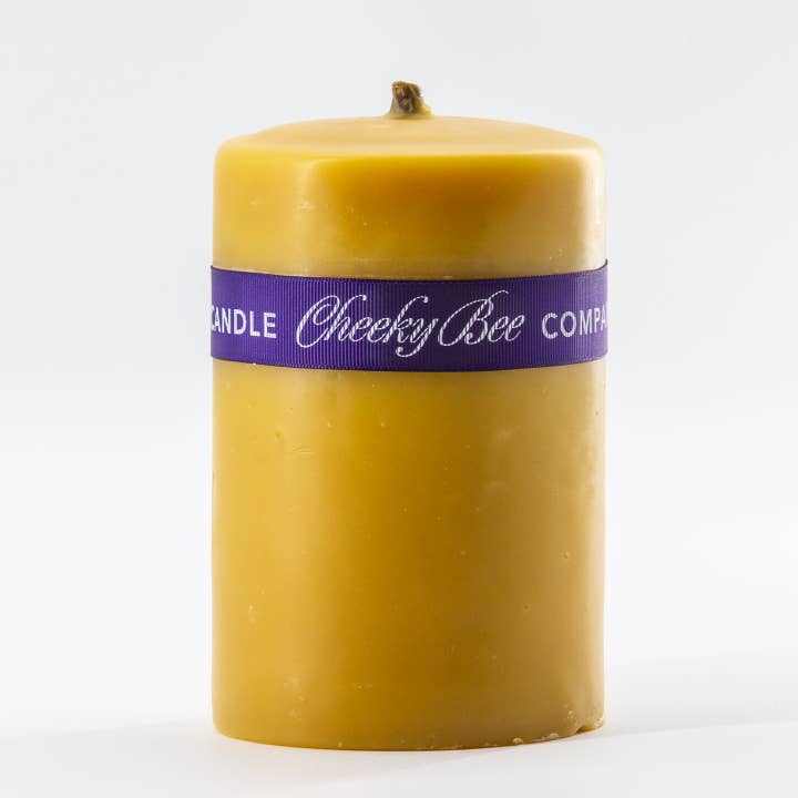 #42 – Traditional Smooth Pillar – Gold Beeswax Candle for wholesale by Cheeky Bee Candle Company Inc.