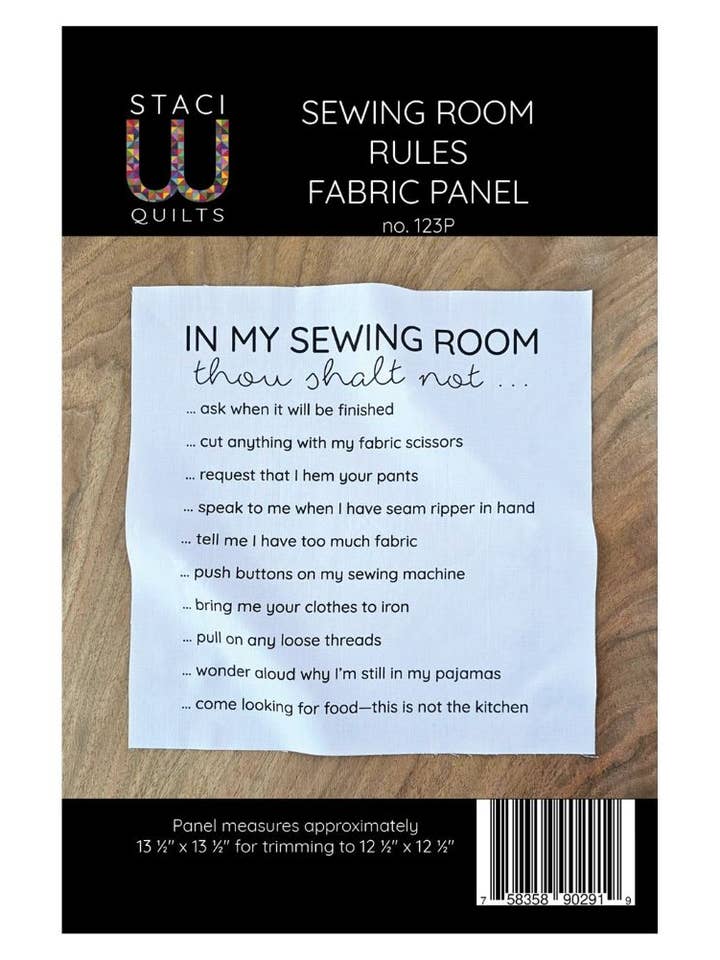 Sewing Room Rules Fabric Panel for wholesale by Staci W Creative LLC