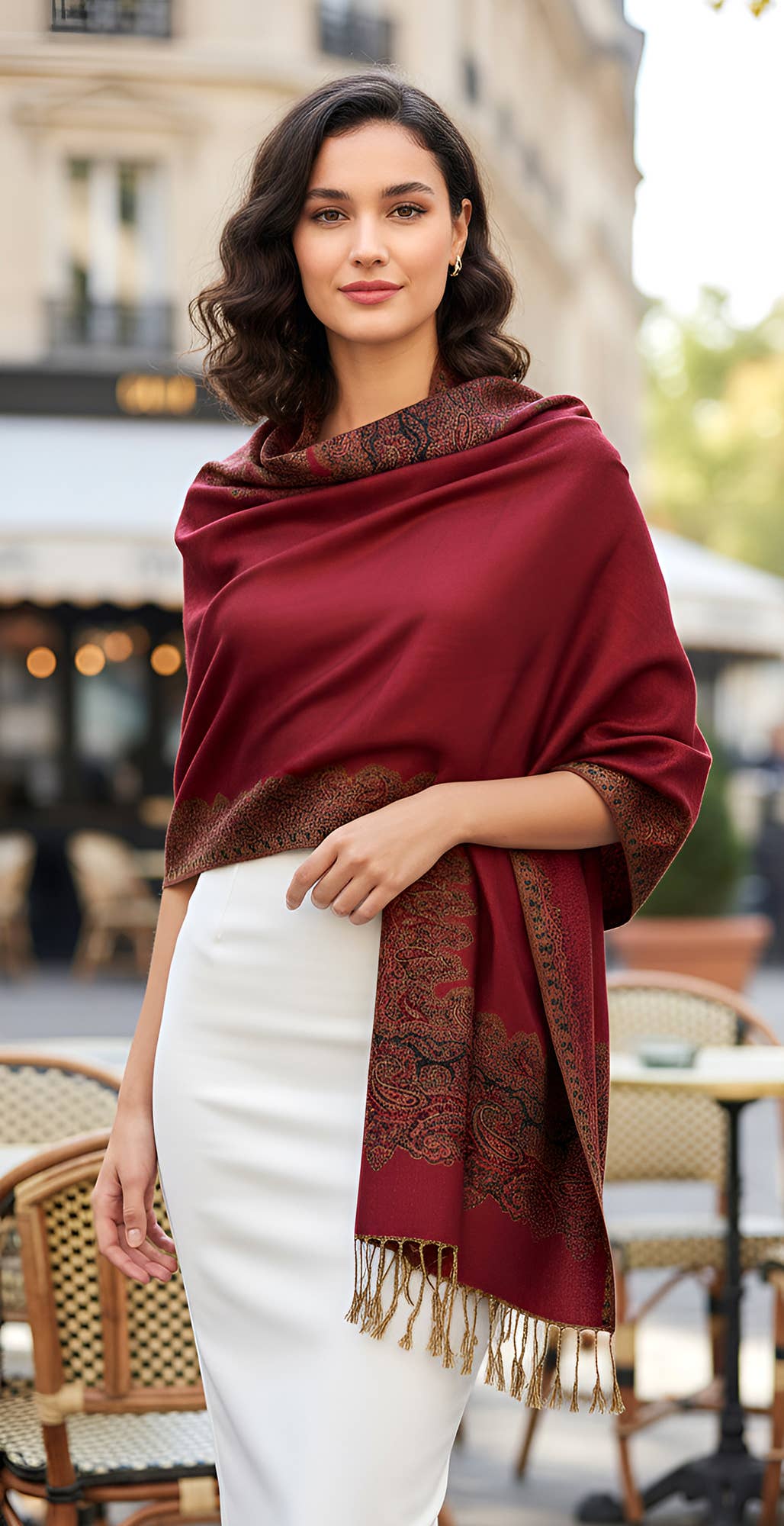 SERENITA - Wholesale Scarf - Women's - Pashmina Scarf Paisley Border Reversible Wrap Wedding Shawl1