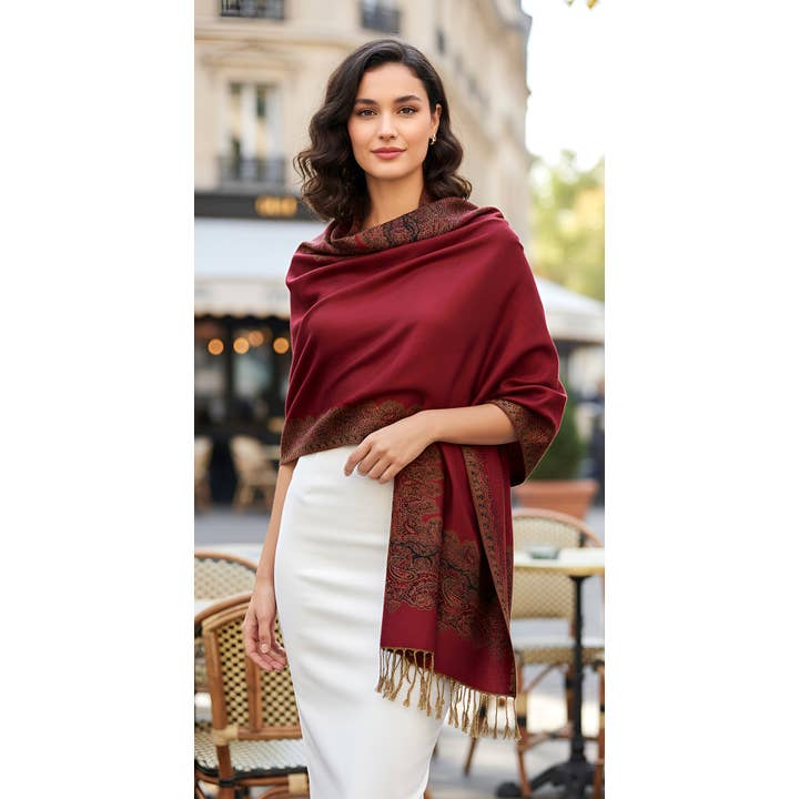SERENITA - Wholesale Scarf - Women's - Pashmina Scarf Paisley Border Reversible Wrap Wedding Shawl1