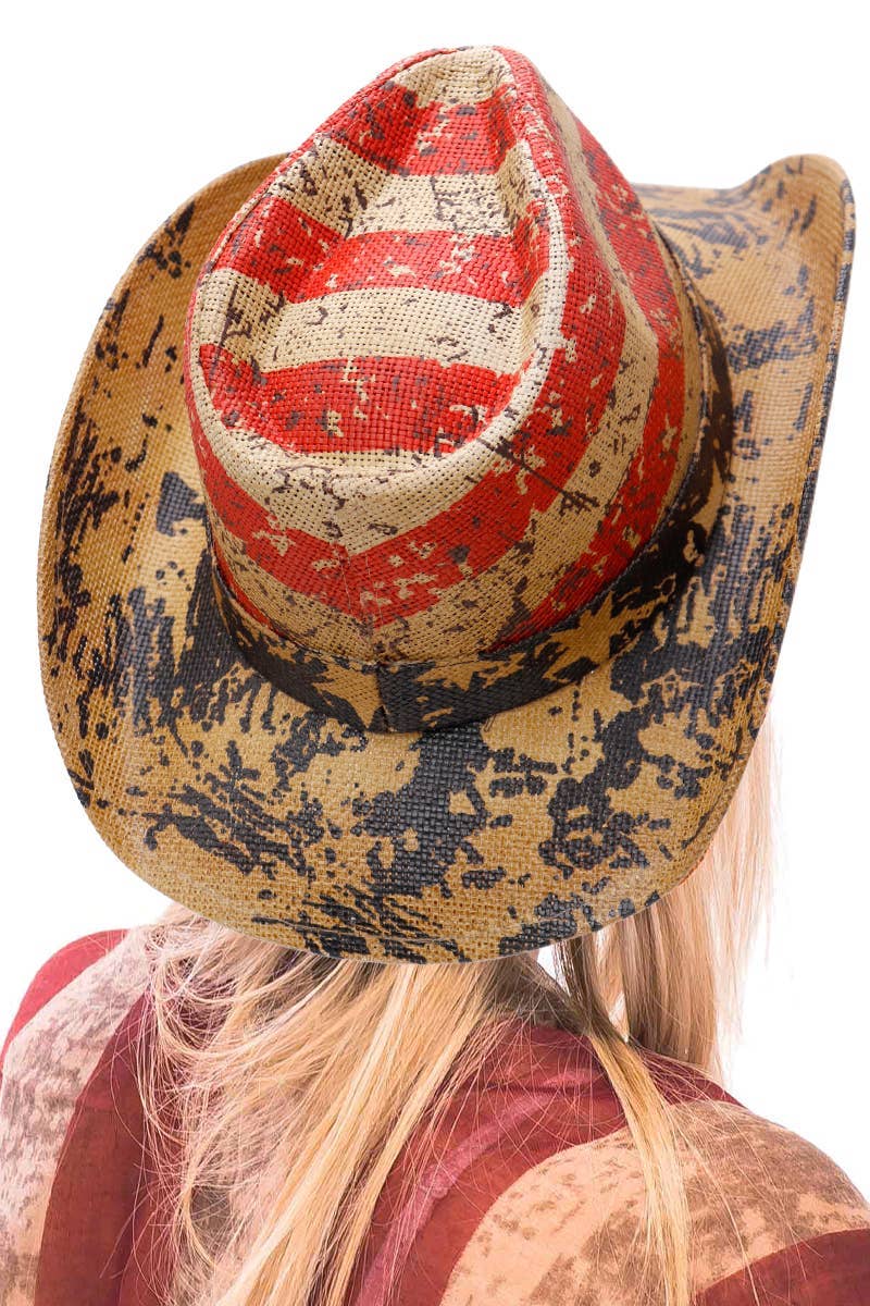 TAN Vintage Speckled American Flag Cowboy Hat for wholesale on Faire2