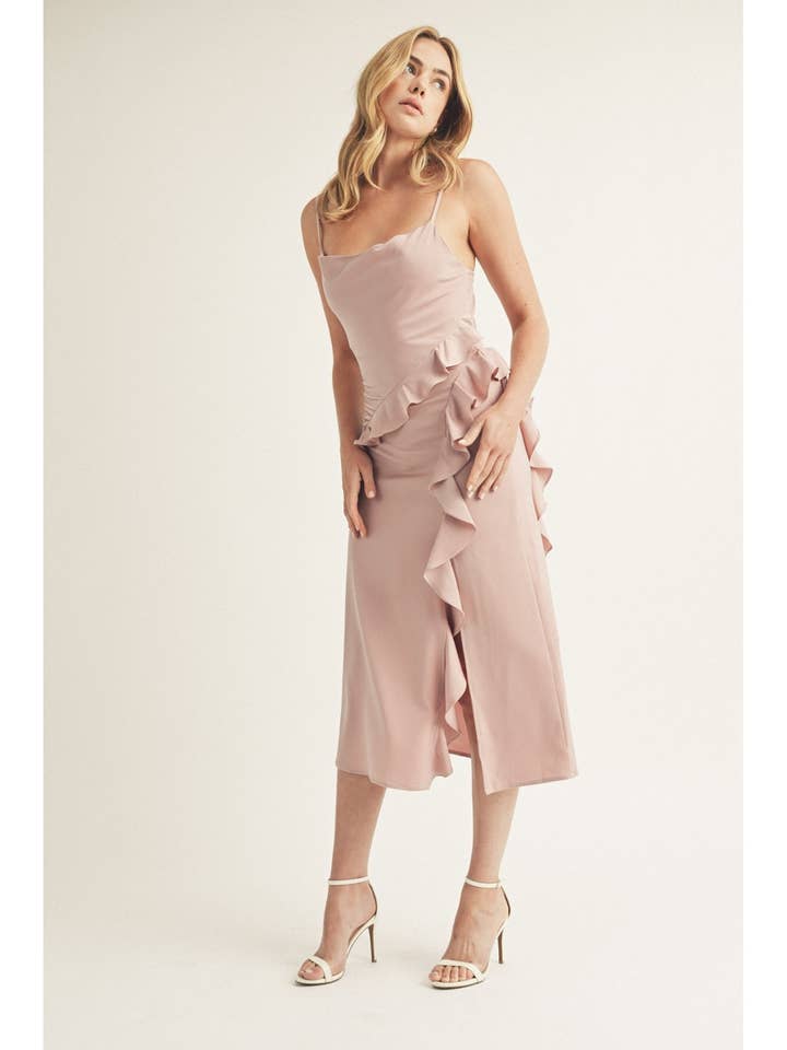 JD6554- SOLID RUFFLED MIDI DRESS for wholesale by STORIA