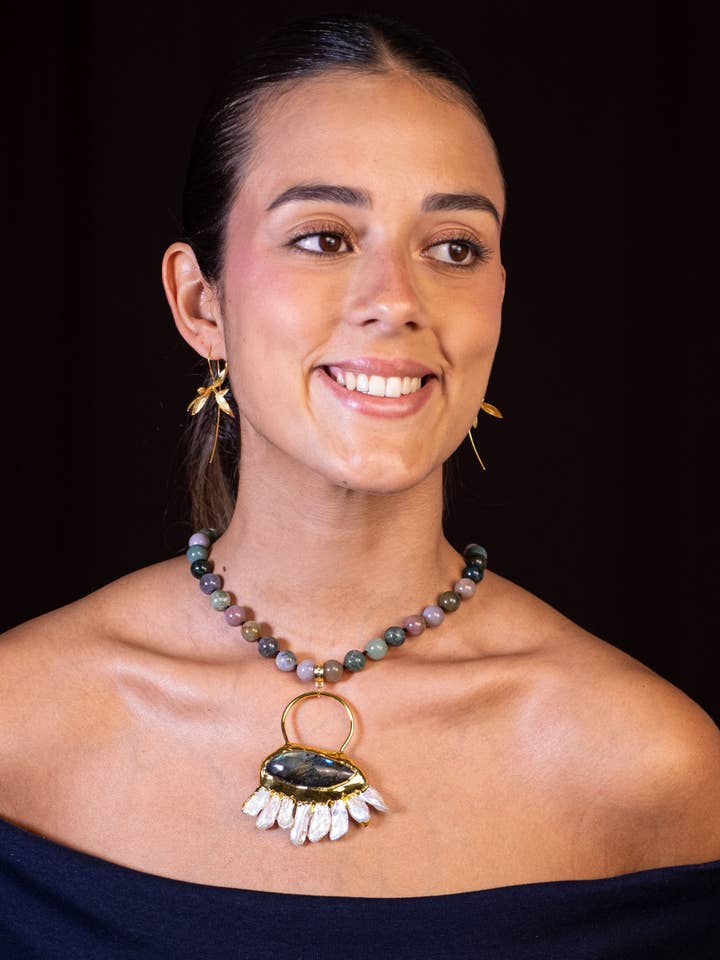 Labradorite, Baroque Pearls, and Natural Stone Necklace – Signature Design for wholesale by PHOEBE´S