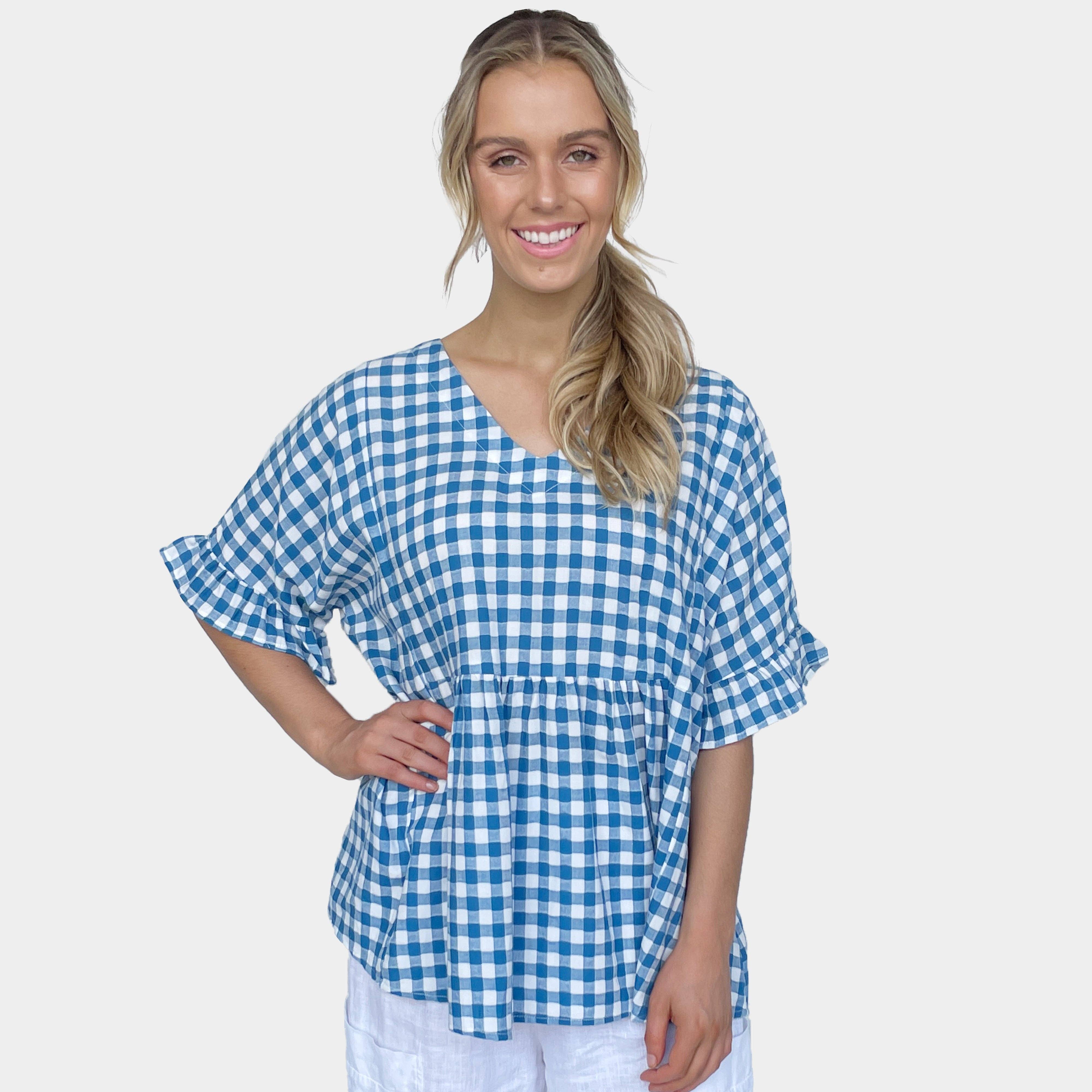Amyic – wholesale Blus - Dam – Gingham Topp Volangärm Blå0
