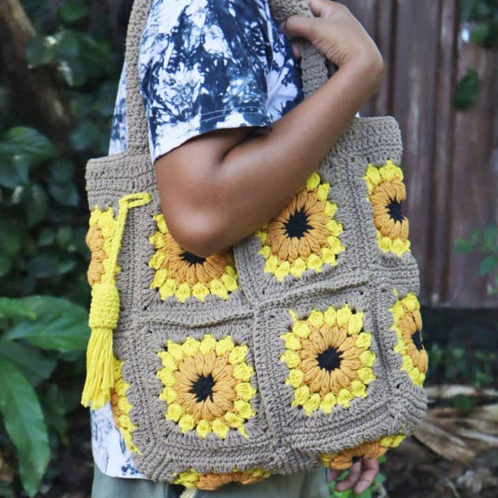 Shoulder / Tote Bag Crochet Yellow Black Flowers 34 x 60cm for wholesale by Shared Earth