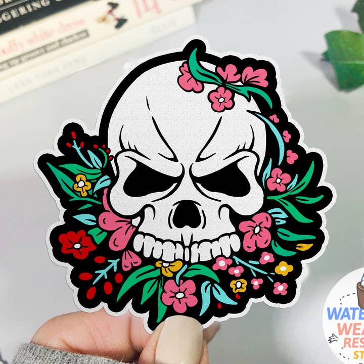 Floral Skull Sticker, 3" Beautiful Artistic Waterproof Decal for wholesale by BootsTees