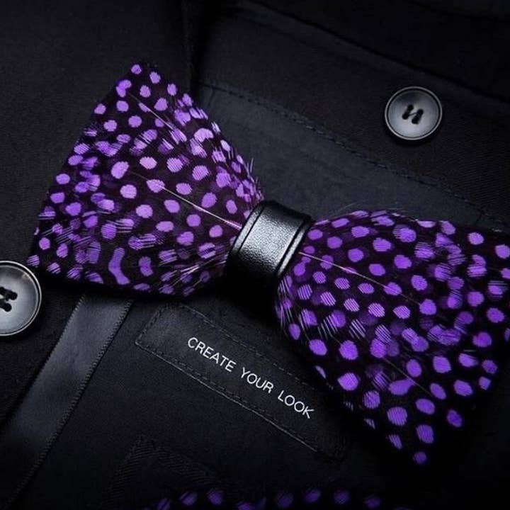 TYED BY DEDE – wholesale Bow Tie - Men’s – Handmade Purple Polka Dot Feather Bow Tie W/free Lapel Pin Set1
