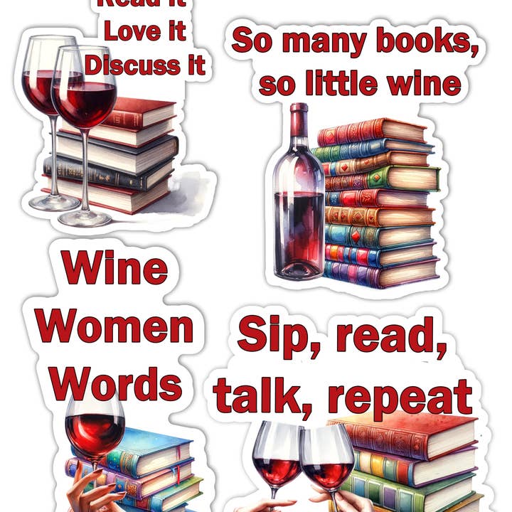 4 Bookclub Wine Handmade Stickers for Laptop, Planners, Scrapbook, Journal for wholesale by Blue Morning Expressions