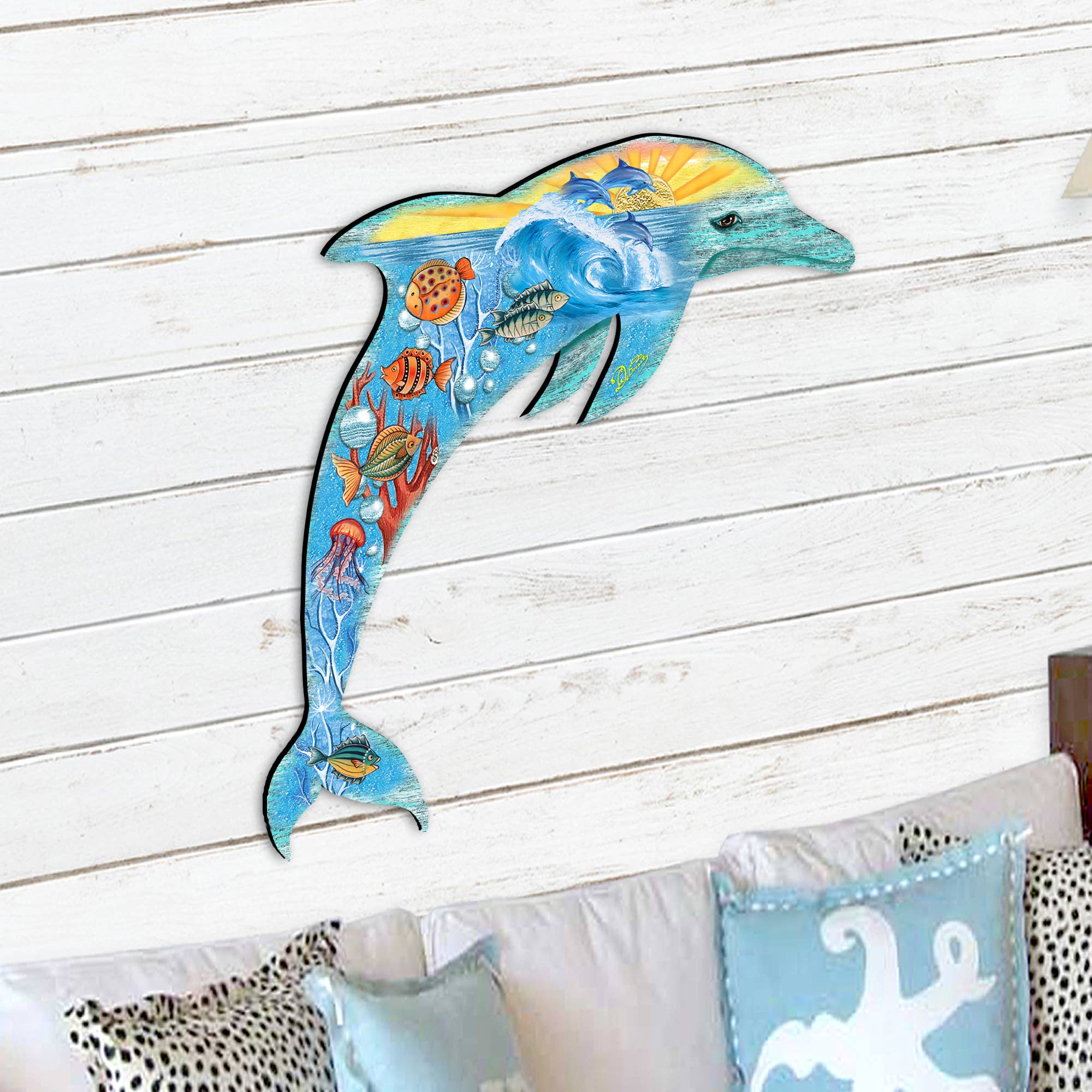 Designocracy - Wholesale Door Hanger - Sea Creatures Dolphin Wooden Door Hanger DeBrekht Coastal7