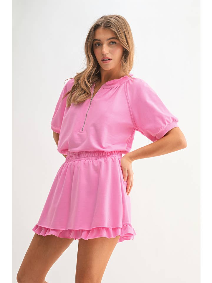 Aapparella - Wholesale Lounge Set - Women's - Pink Zip Front Puff Sleeve Top & Ruffled Shorts Set | S-XL7