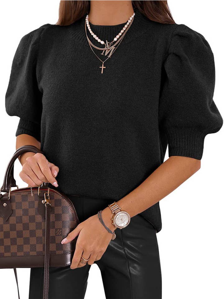 Wholesalesir - Wholesale Knit Sweater - Women's - Solid Color Short Sleeved Round Neck Bubble Sleeve Sweater