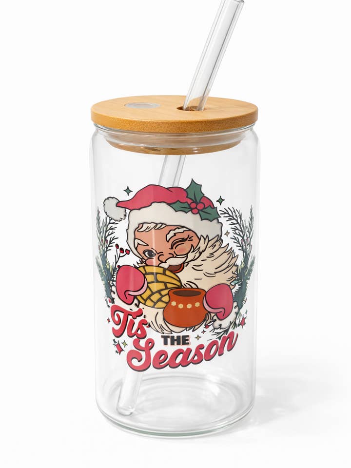 Tis the Season Christmas Glass Can with Bamboo Lid & Glass Straw for wholesale by Leafe