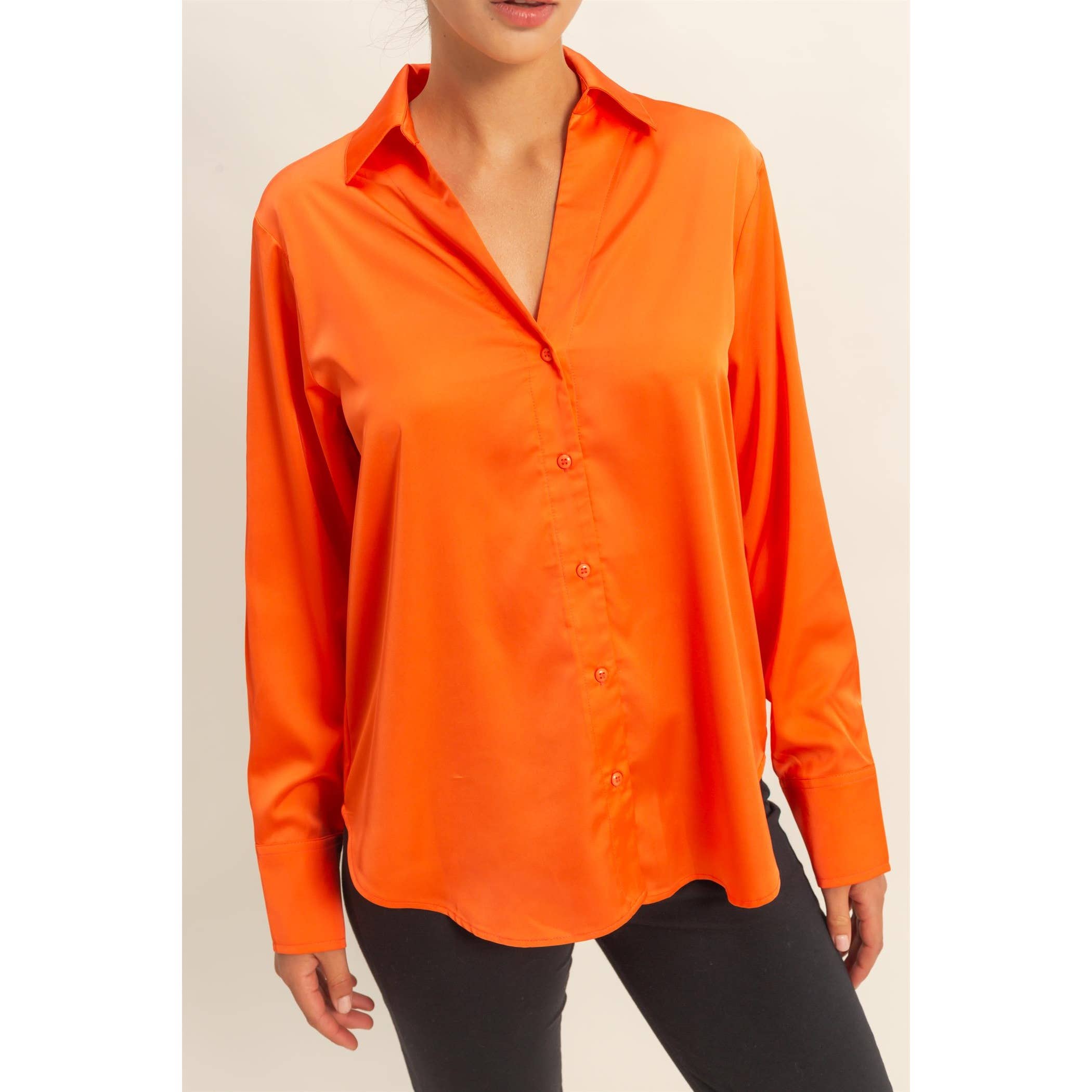 Double Zero - Wholesale Blouse - Women's - Button-Up Satin Shirt With Collared Neckline2