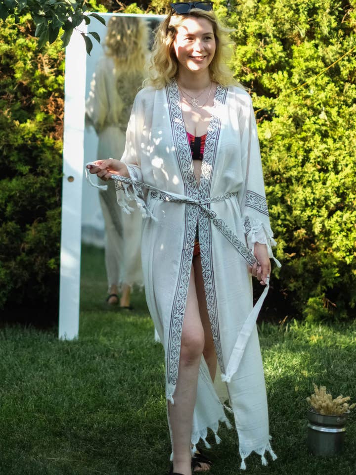 Handmade Block Printed Long Kimono Robe for wholesale by Anakiz Organic