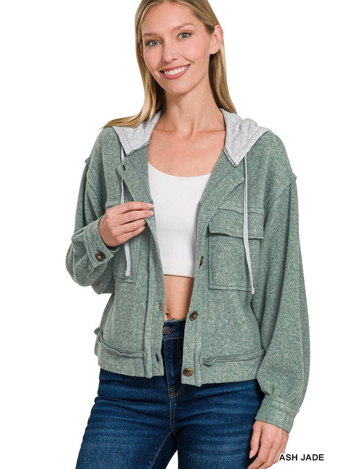 42POPS - Wholesale Shirt Jacket/Shacket - Women's - ...SI-27169 Brushed Hacci Hooded Button Down Shacket