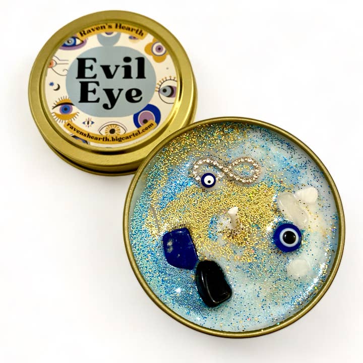 Raven’s Hearth - Wholesale Travel candles - Evil Eye Tin Candle | Spruce & Lavender Scent | 4 oz4
