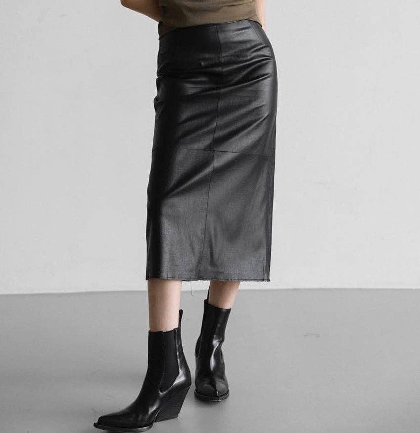 Marayn – wholesale Skirt – Women’s – 2025 NEW Vintage Faux Leather Slit Skirt AutumnWinter15