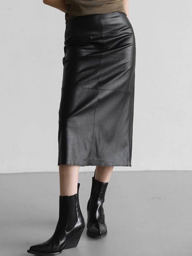 Marayn – wholesale Skirt – Women’s – 2025 NEW Vintage Faux Leather Slit Skirt AutumnWinter15