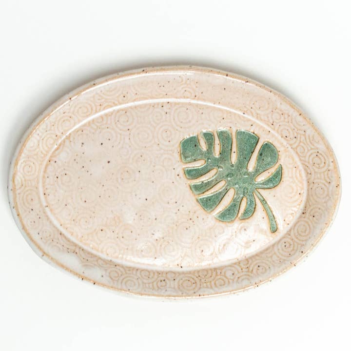 White Squirrel Clayworks - Wholesale Jewelry Dish - Monstera Pattern Handmade Ceramic White Oval Trinket Dish