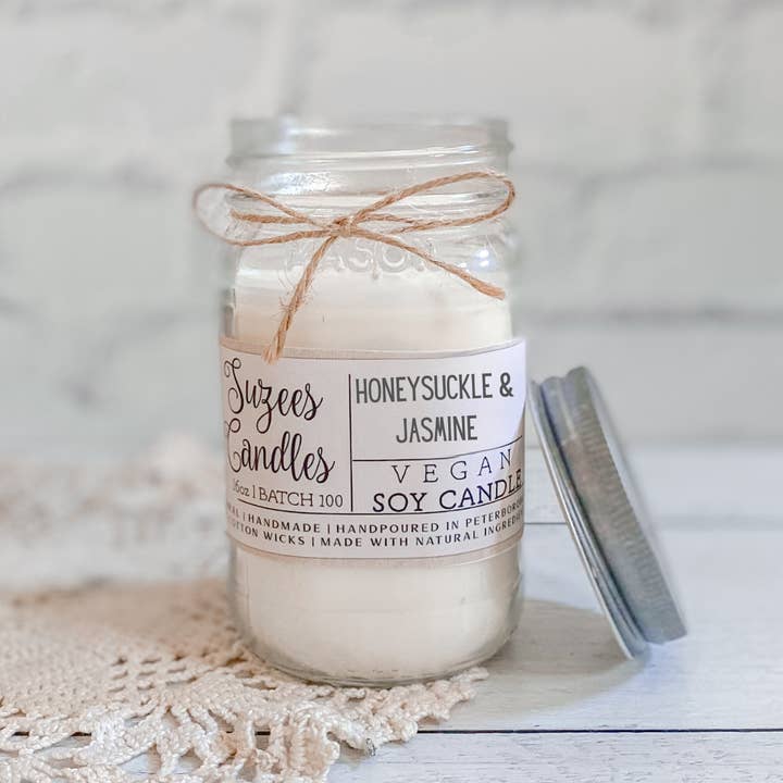 16oz Honeysuckle Jasmine Soy Candle, Floral Scented Candle for wholesale by Suzee's Candles