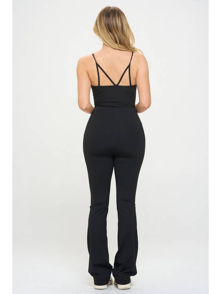 Color 5 - Wholesale Activewear set – Women′s - Solid black color premium active wear straps flare jumpsuit2