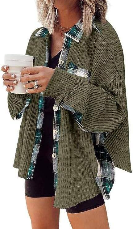 Queen Fashion – wholesale Jacket – Women's – sleeve top melliflo waffle knit plaid shacket6