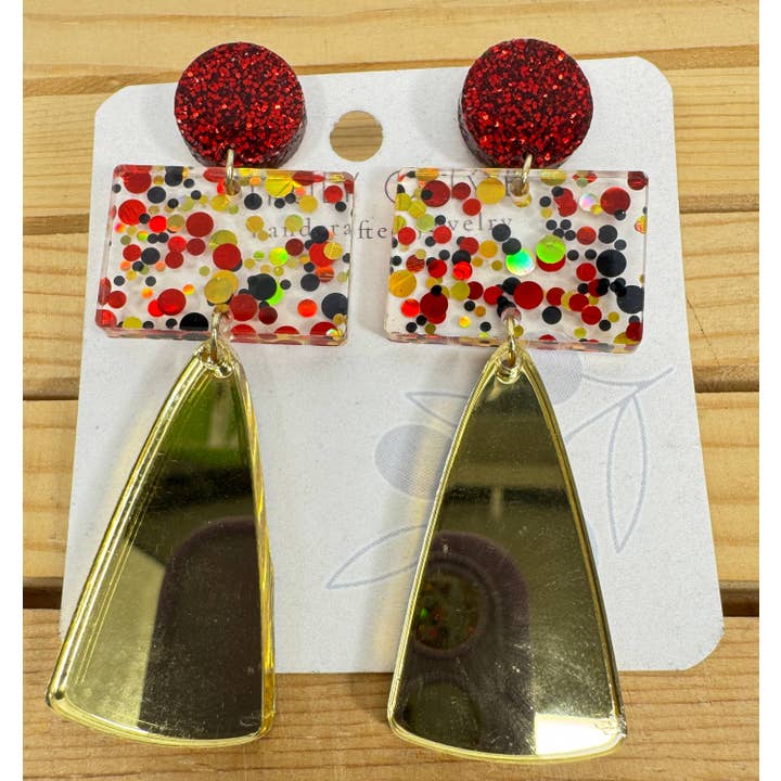 Gorgeous Red and Gold Long Christmas Holiday Earrings for wholesale by Truly Olive