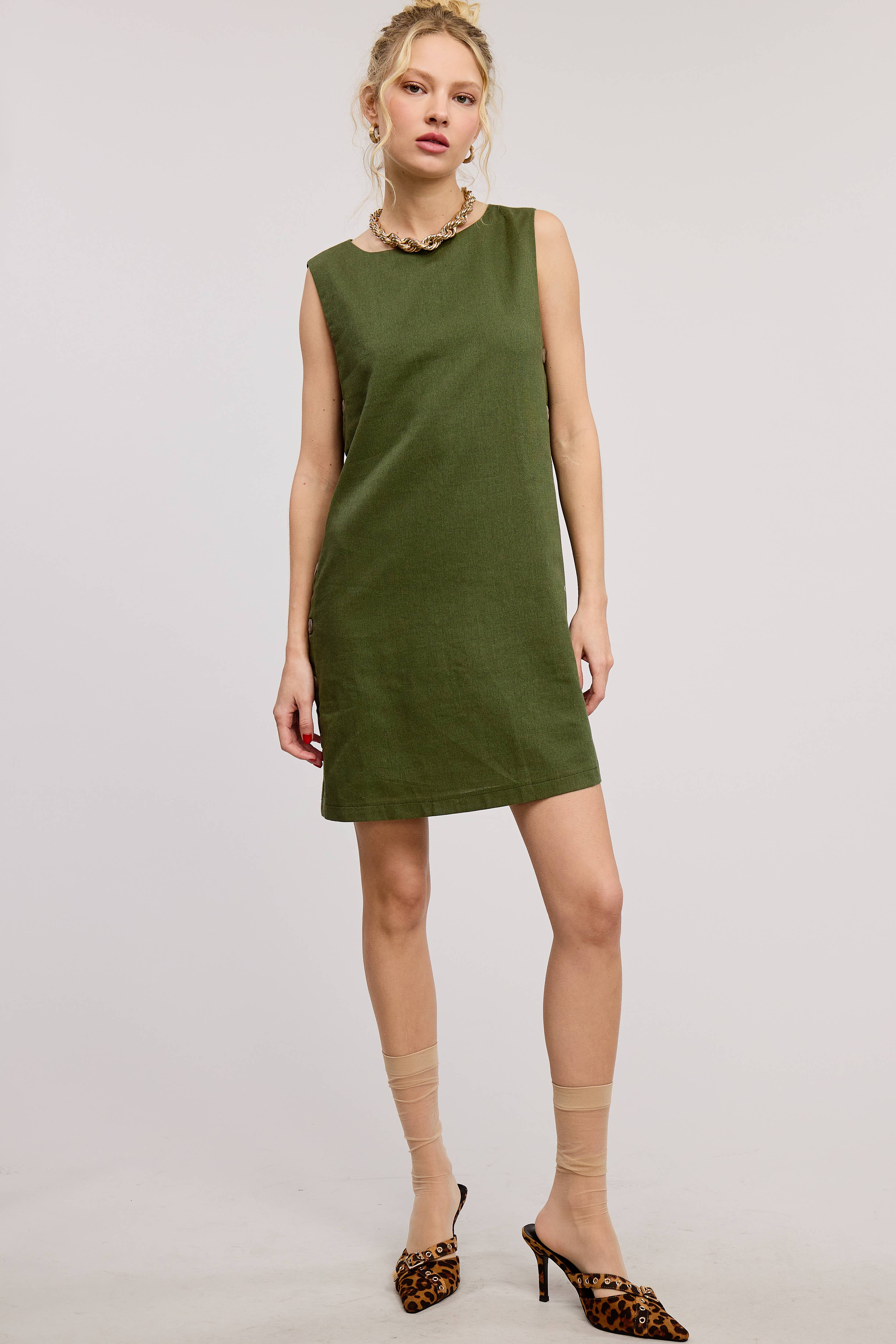 Mimosa - Wholesale Dress - Women's -  Wooden Side Button Detail Sleeveless Linen Mini Dress18