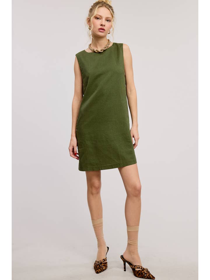 Mimosa - Wholesale Dress - Women's - Wooden Side Button Detail Sleeveless Linen Mini Dress18