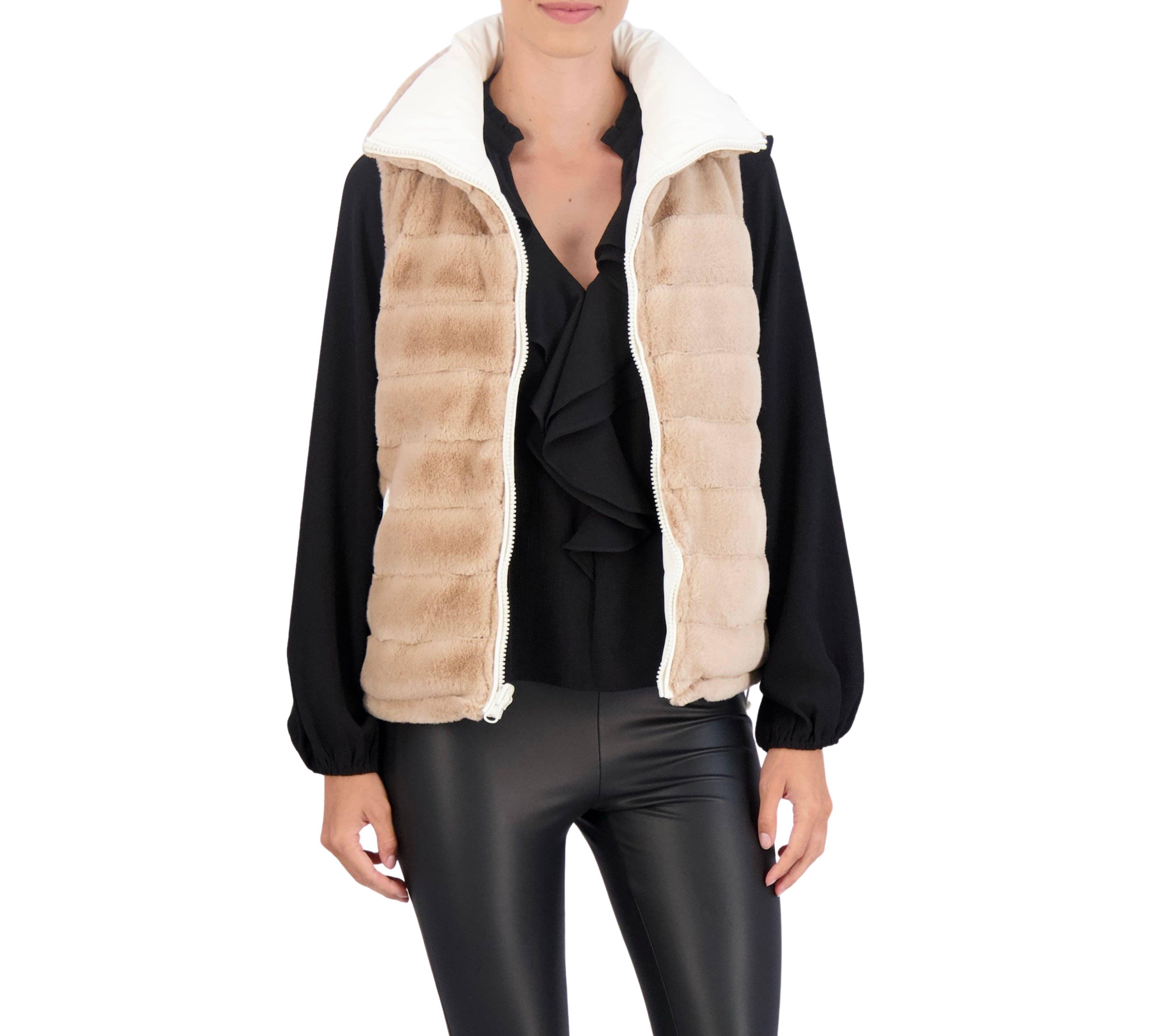 Ivory Carbon Puffer Vest Reversible to Grooved Faux Fur for wholesale on Faire12