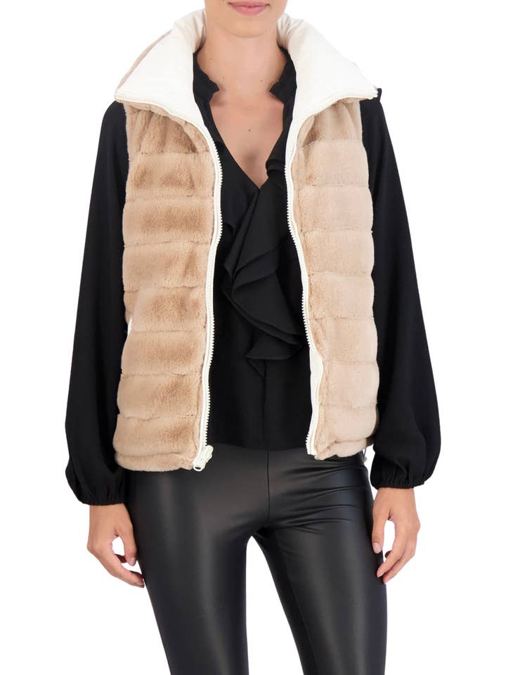 Ivory Carbon Puffer Vest Reversible to Grooved Faux Fur for wholesale on Faire12
