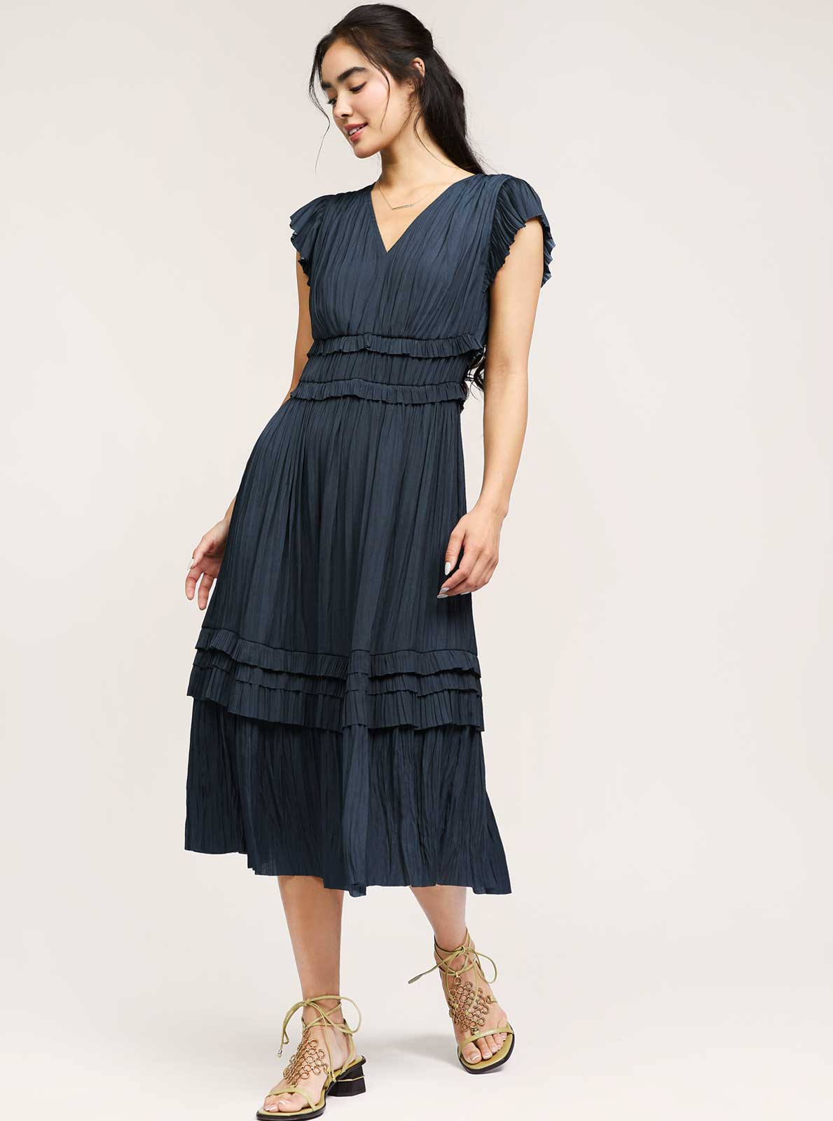 Current Air – wholesale Dress – Women's – Pleated Sleeve Ruffle Long Dress4