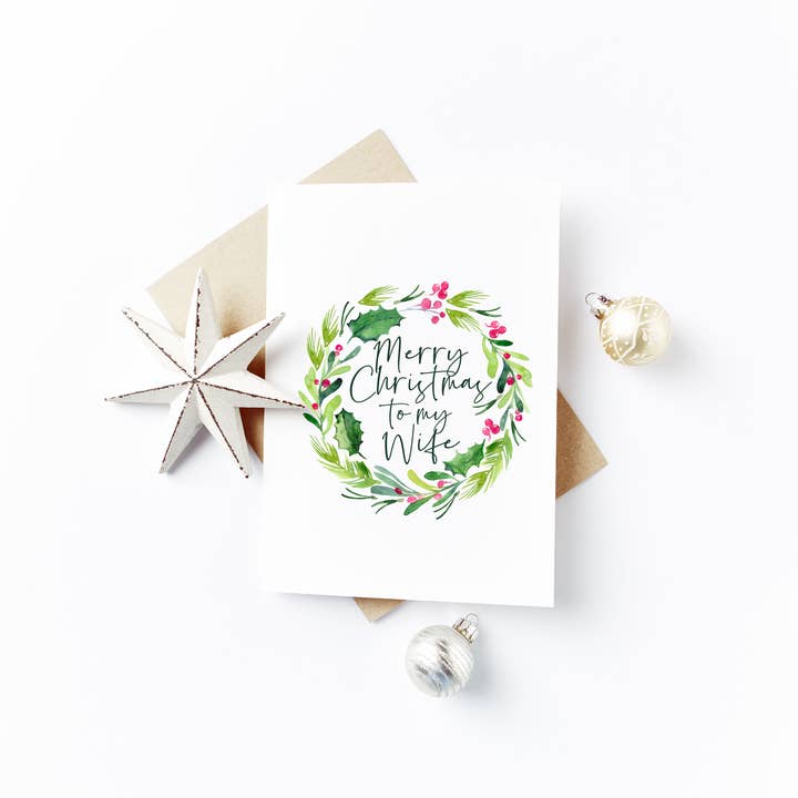 Flash On A String Designs – Großhandel Weihnachtskarte – Frohe Weihnachten Wife-Karte — Aquarell-Kranz-Design