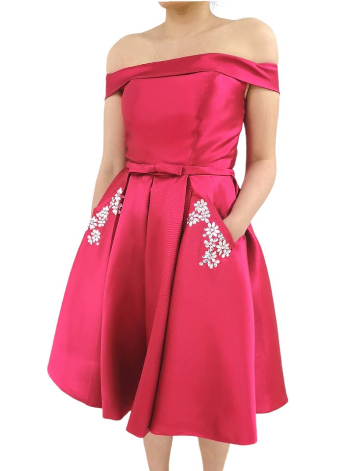 Fuschia Satin Bateau Neck Pockets Mini Party Dress for wholesale by Les Voiliers