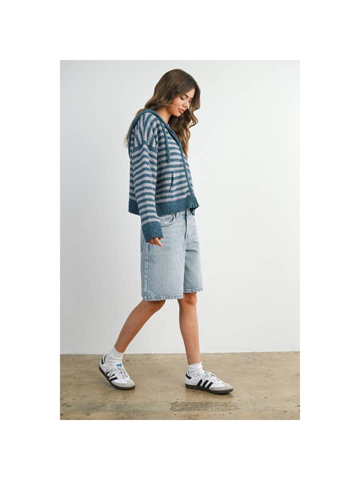 BUTTERMELON - Wholesale Knit Sweater - Women's - Striped Zip-Up Hooded Cardigan - BMC80972