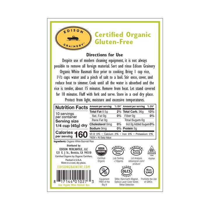 Edison Grainery Organic White Basmati Rice-16 oz for wholesale by Edison Grainery