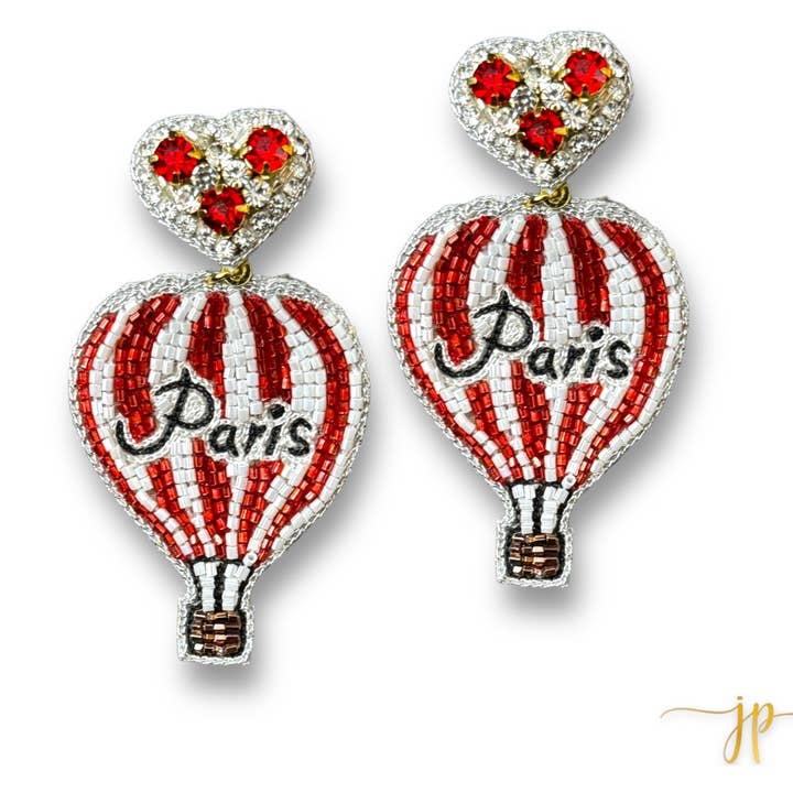 Boucles d'oreilles en strass perlées à rayures rouges de Paris, destination montgolfière, bijoux d'été, de vacances, mode jetsetter, voyage, cadeau pour elle pour la vente par Jenny Patrick Designs ™
