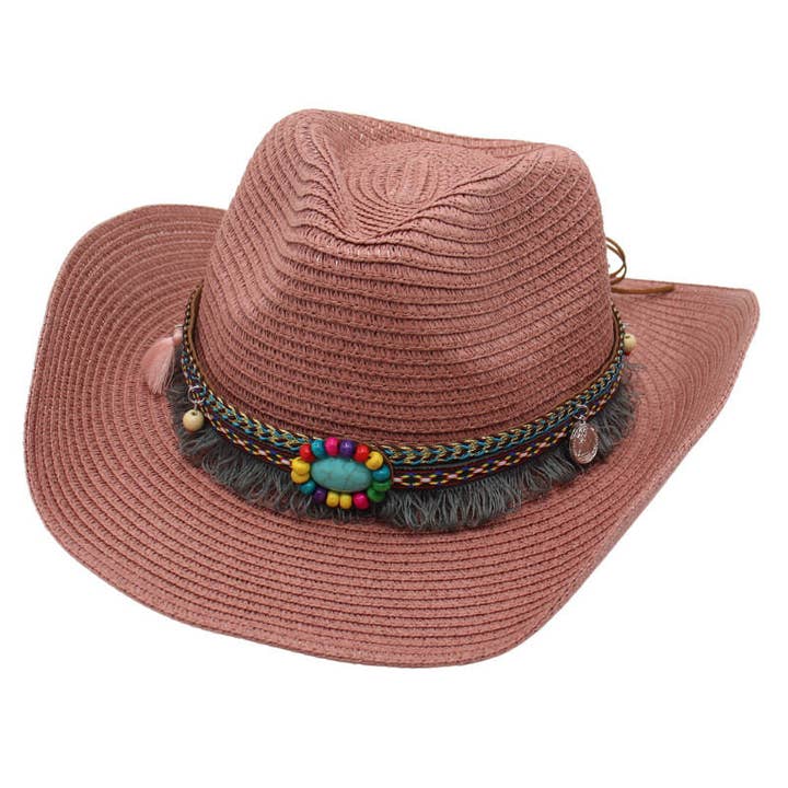 Tibetan Rolled Brim Western Cowboy Straw Hat for wholesale by Plush Looks