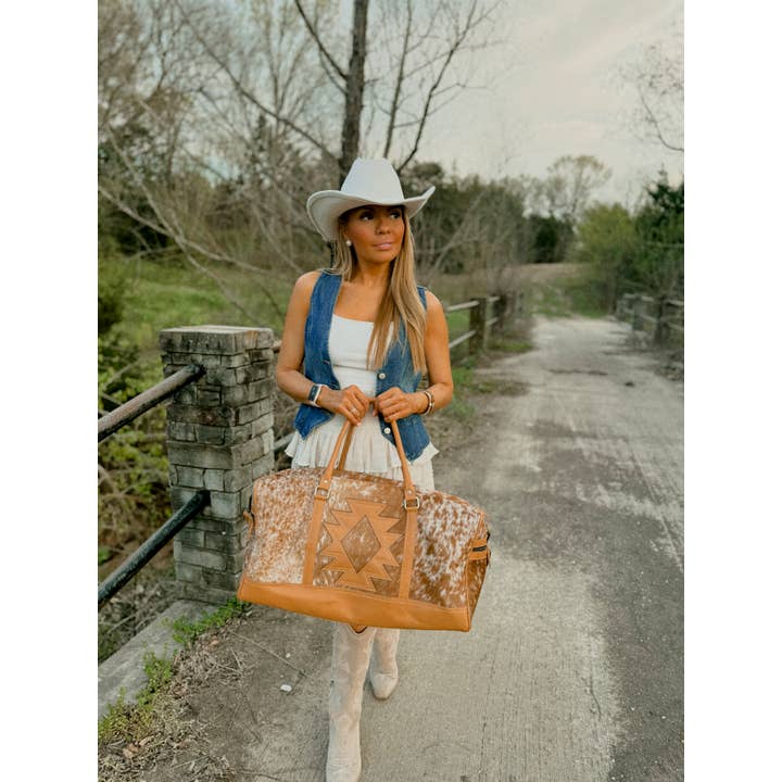 Boho Ranch Shop - Wholesale Weekender Bag - Women's - AZTEC TRAVEL DUFFLE leather hair on cowhide travel bag10